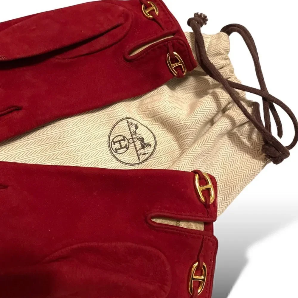 HERMÈS Link Vintage Dark Red Suede Gloves |Size: 7|